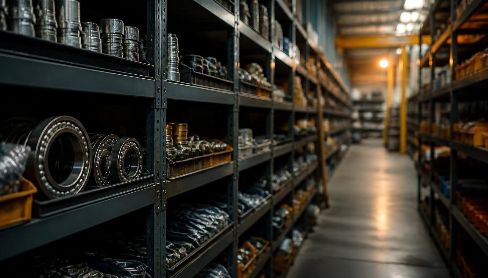 Industrial warehouse aisle stocked with bearings, seals and hydraulic fittings